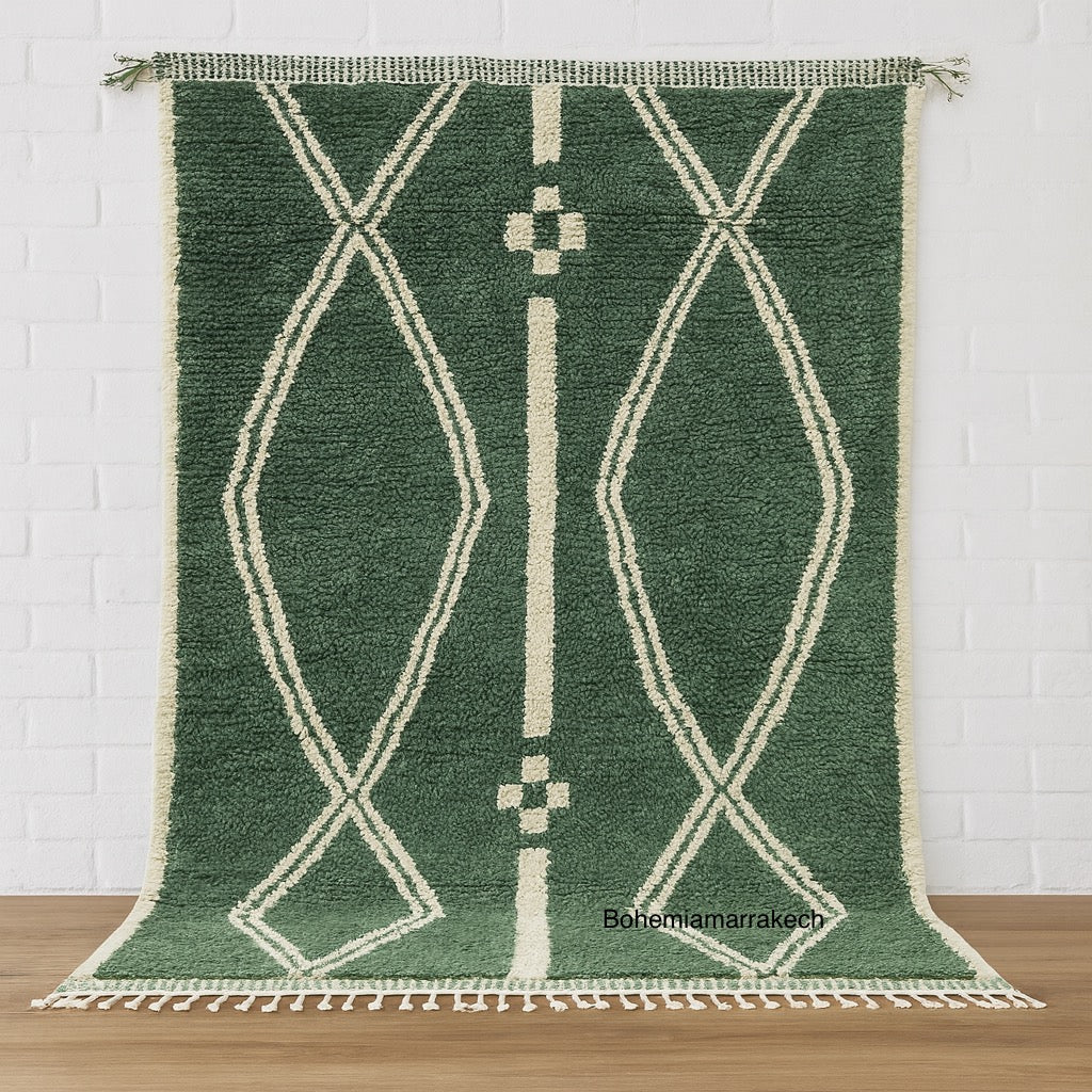 Green Moroccan rug 9x12 with cream geometric pattern