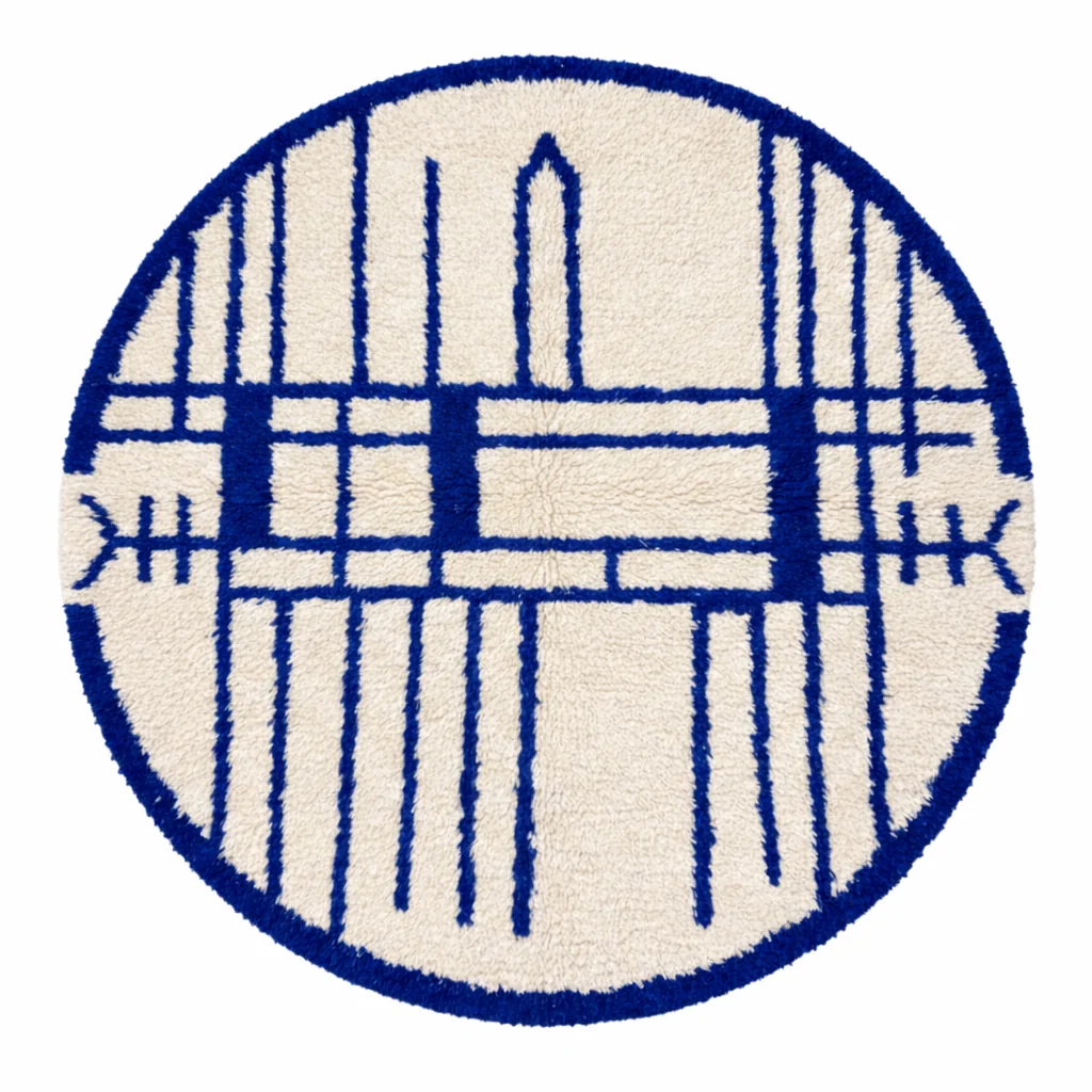 Blue round Moroccan wool rug with geometric Berber design