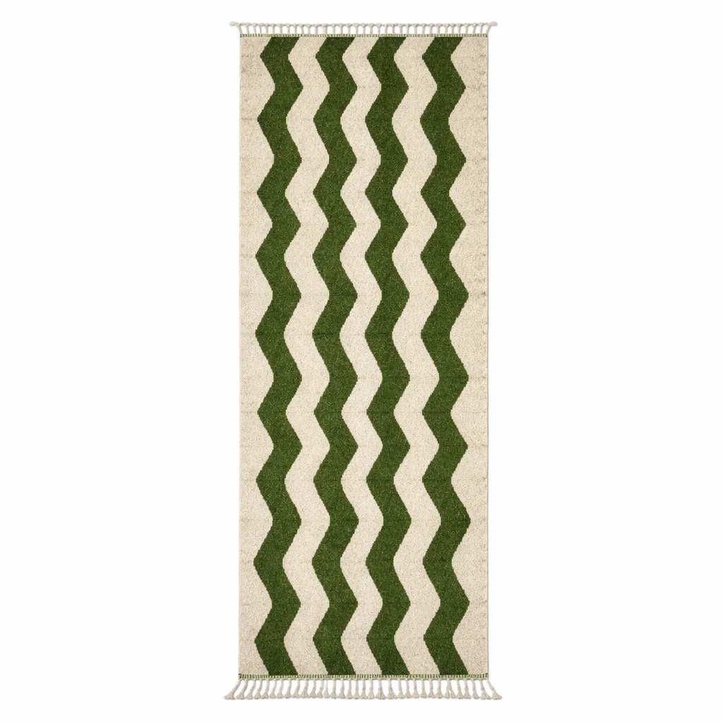 Green and ivory zigzag Moroccan wool runner rug