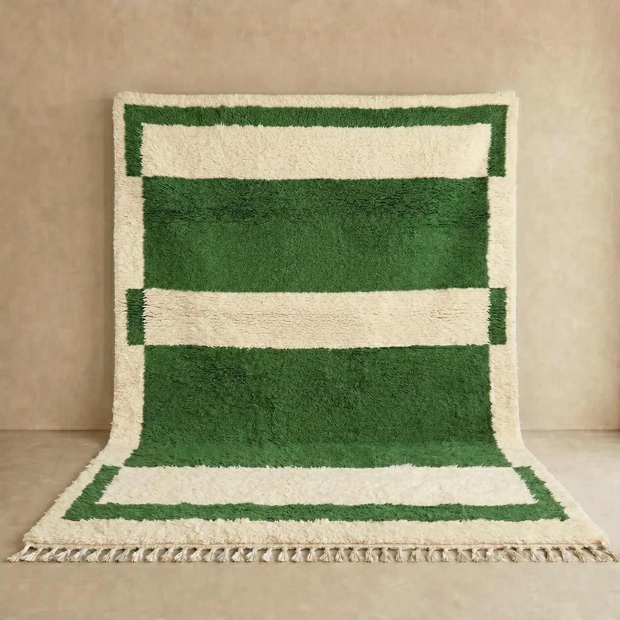 Green and cream Moroccan wool rug with geometric stripe design