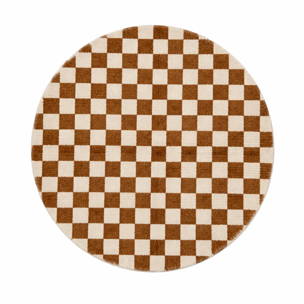 Round brown and ivory checkered Moroccan wool rug