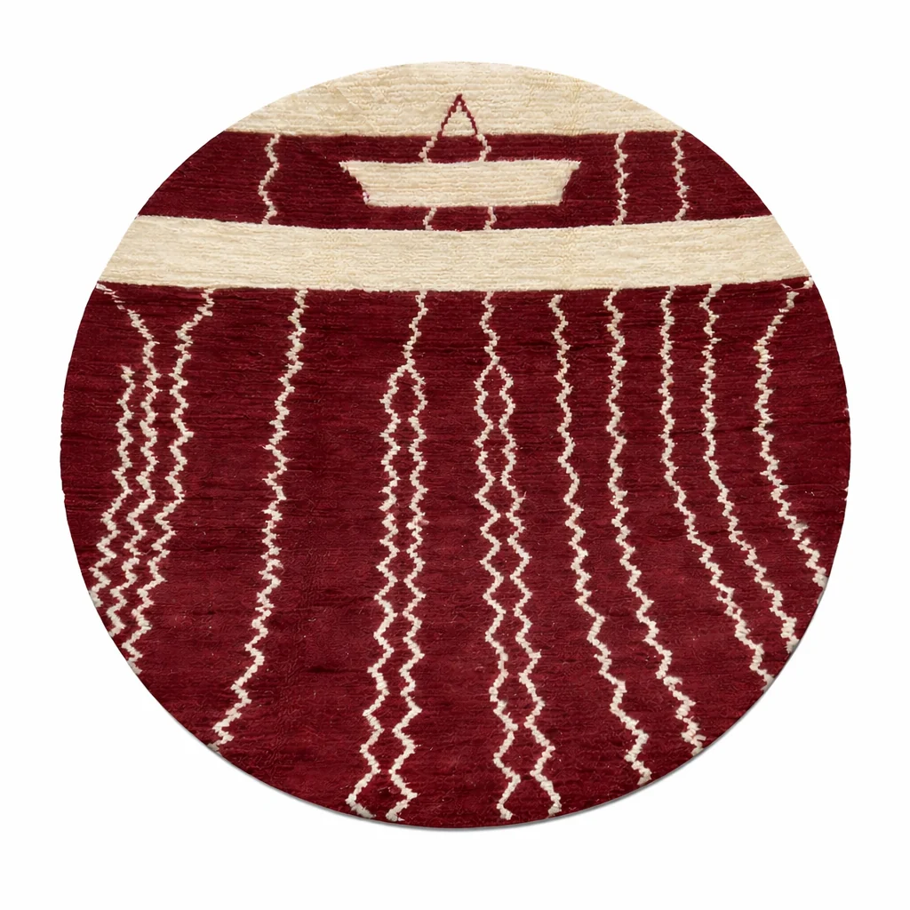 Round burgundy Moroccan wool rug with ivory Berber motifs